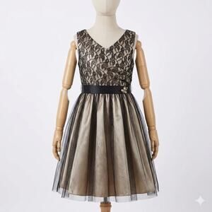ABS Kids Size 14 Black Lace Gold Tulle Surplice Faux Wrap Formal Dress Tie NWT